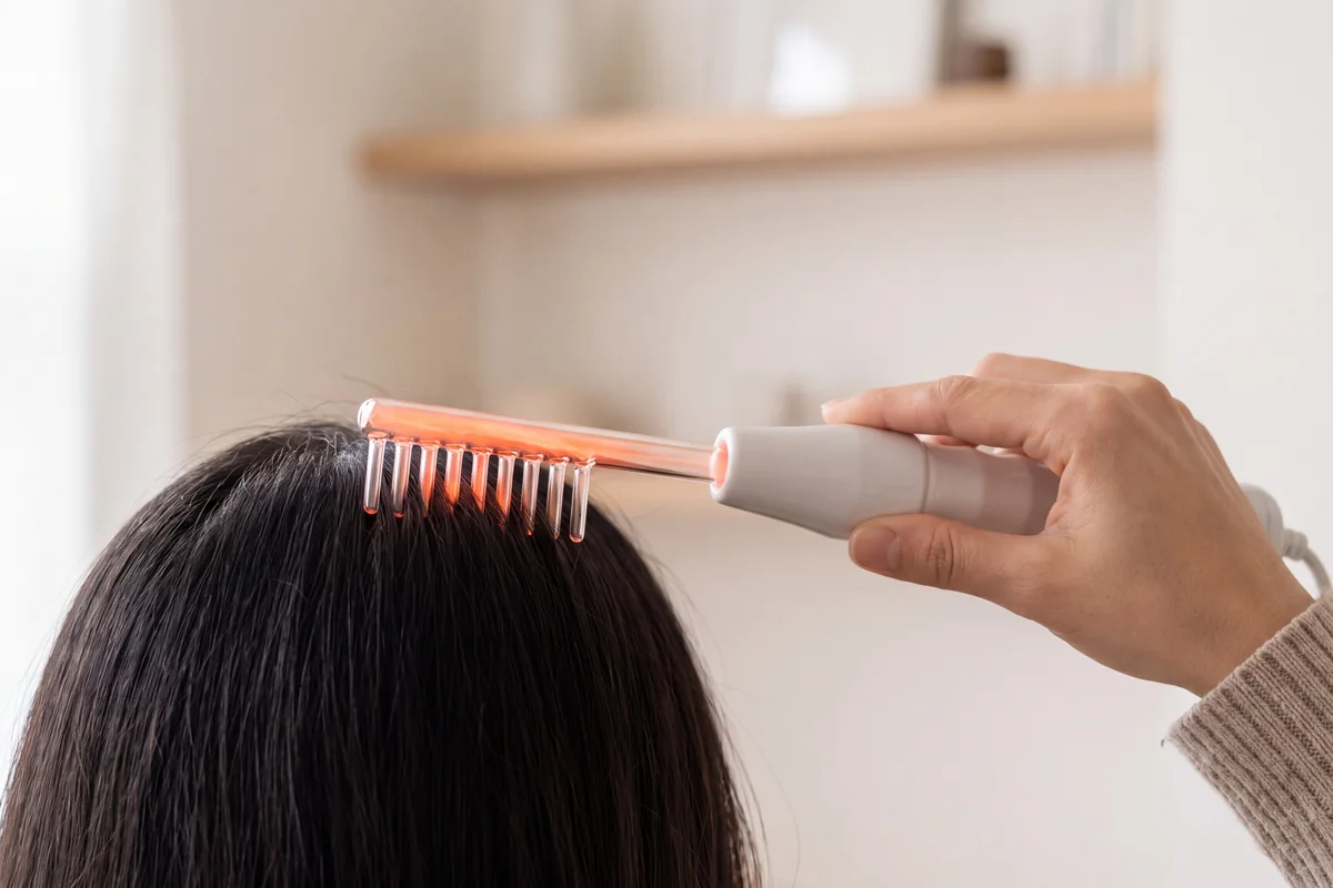 Comb electrode on a neon high frequency wand glowing orange-red as it moves through dry hair at the crown
