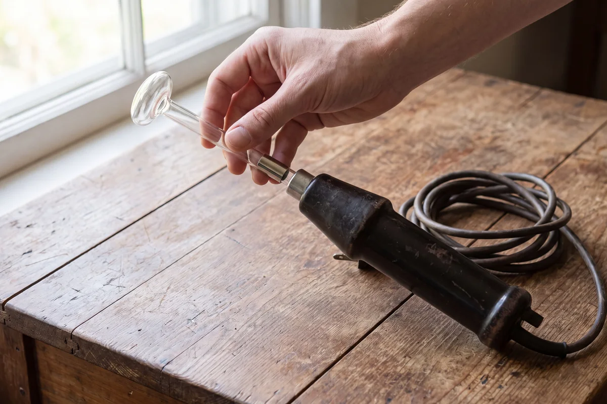 Hand inserting a glass mushroom electrode into an unplugged high frequency wand, holding it just above the metal base