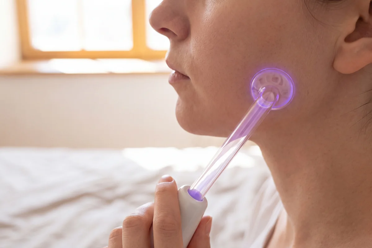 Mushroom electrode on an argon high frequency wand glowing violet against the lower cheek