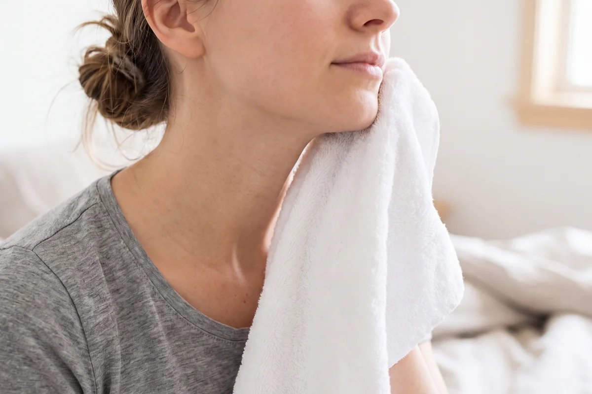 Person with hair tied back pressing a soft white towel against their cheek and jaw