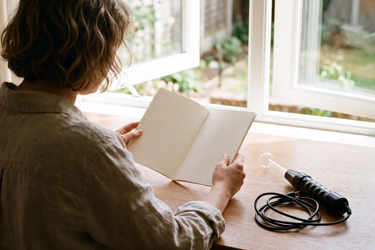 Person reading a device instruction booklet at a table near an open window with an unplugged high frequency wand beside it