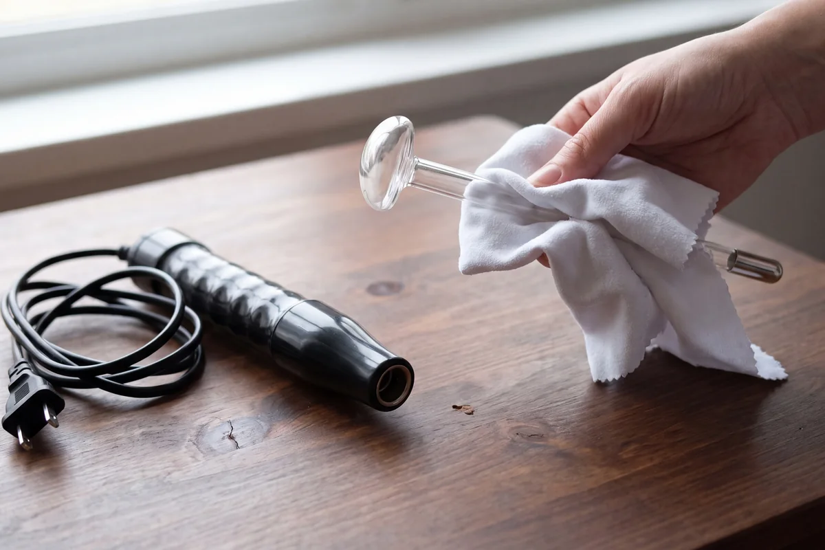 Removed glass electrode being wiped with a soft cloth beside an unplugged high frequency wand