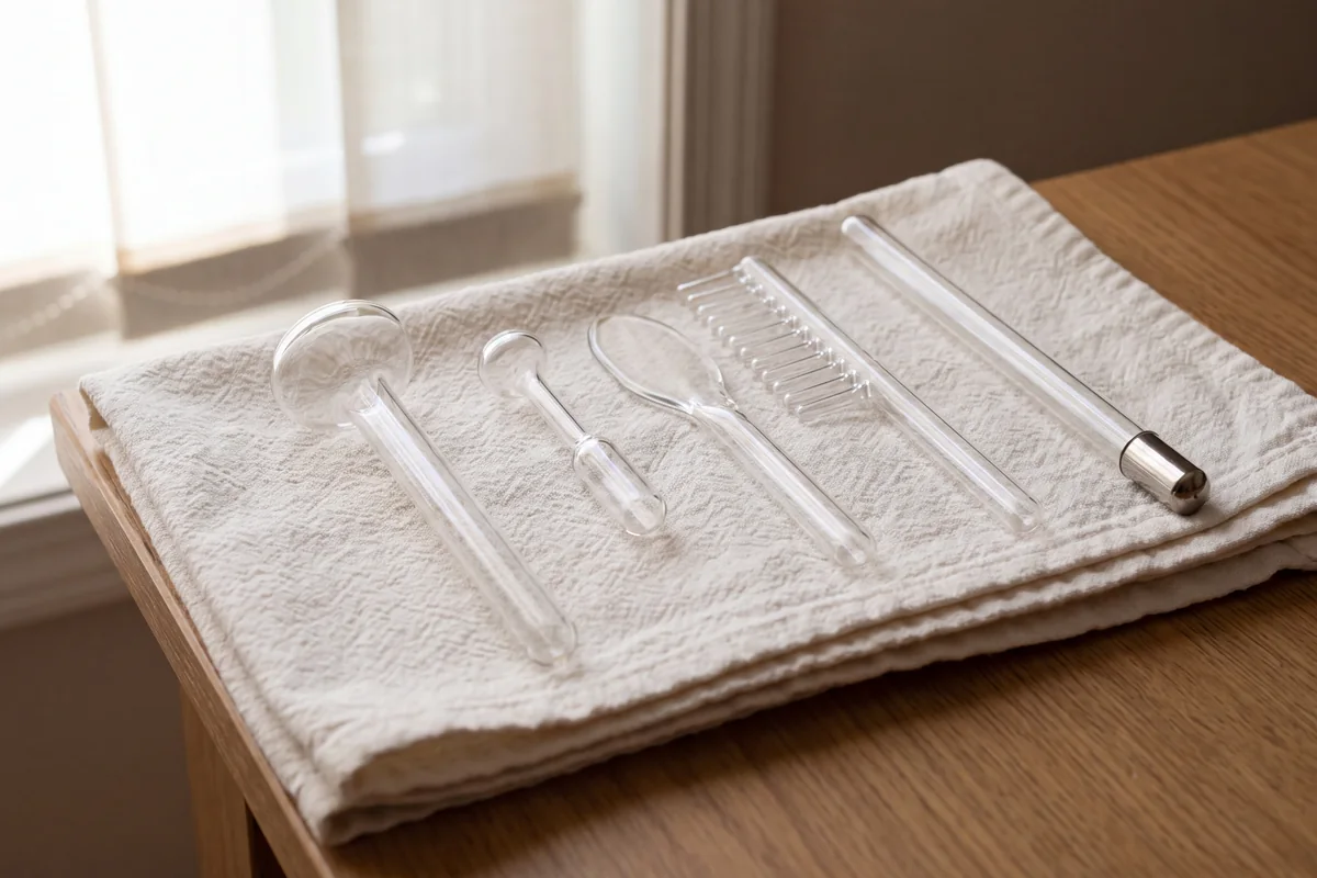 Set of glass high frequency electrodes in mushroom, spot, tongue, comb and saturator shapes laid on a dry towel