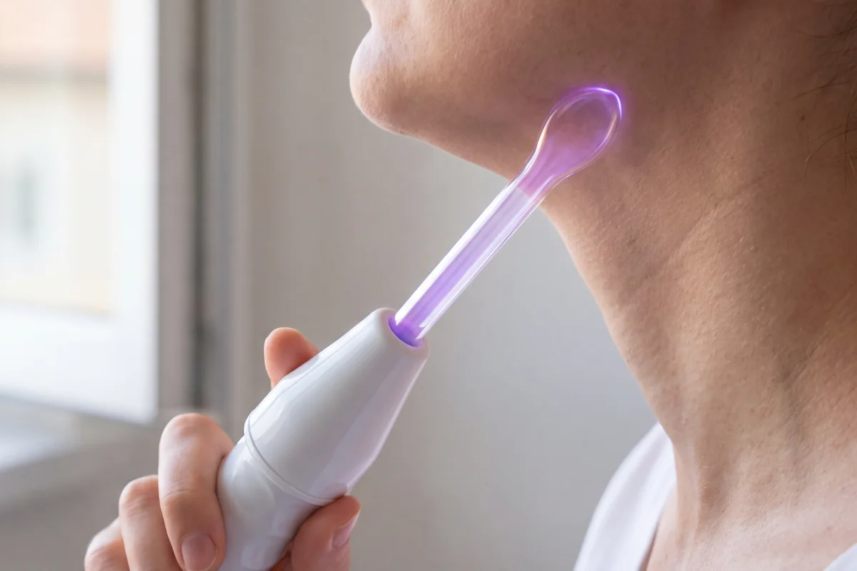Tongue electrode on an argon high frequency wand glowing violet as it glides along the jawline
