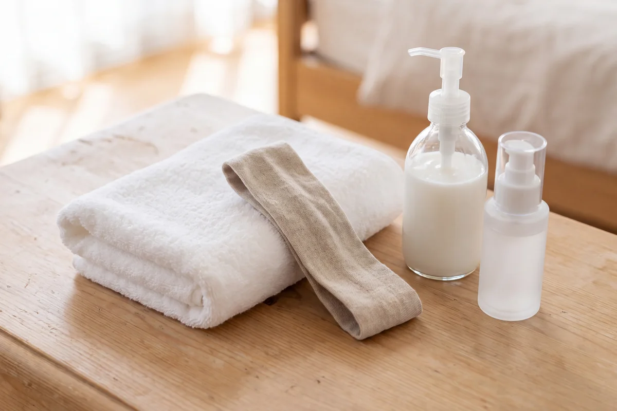 Folded white towel, fabric headband and two plain unlabeled skincare bottles on a wooden dressing table