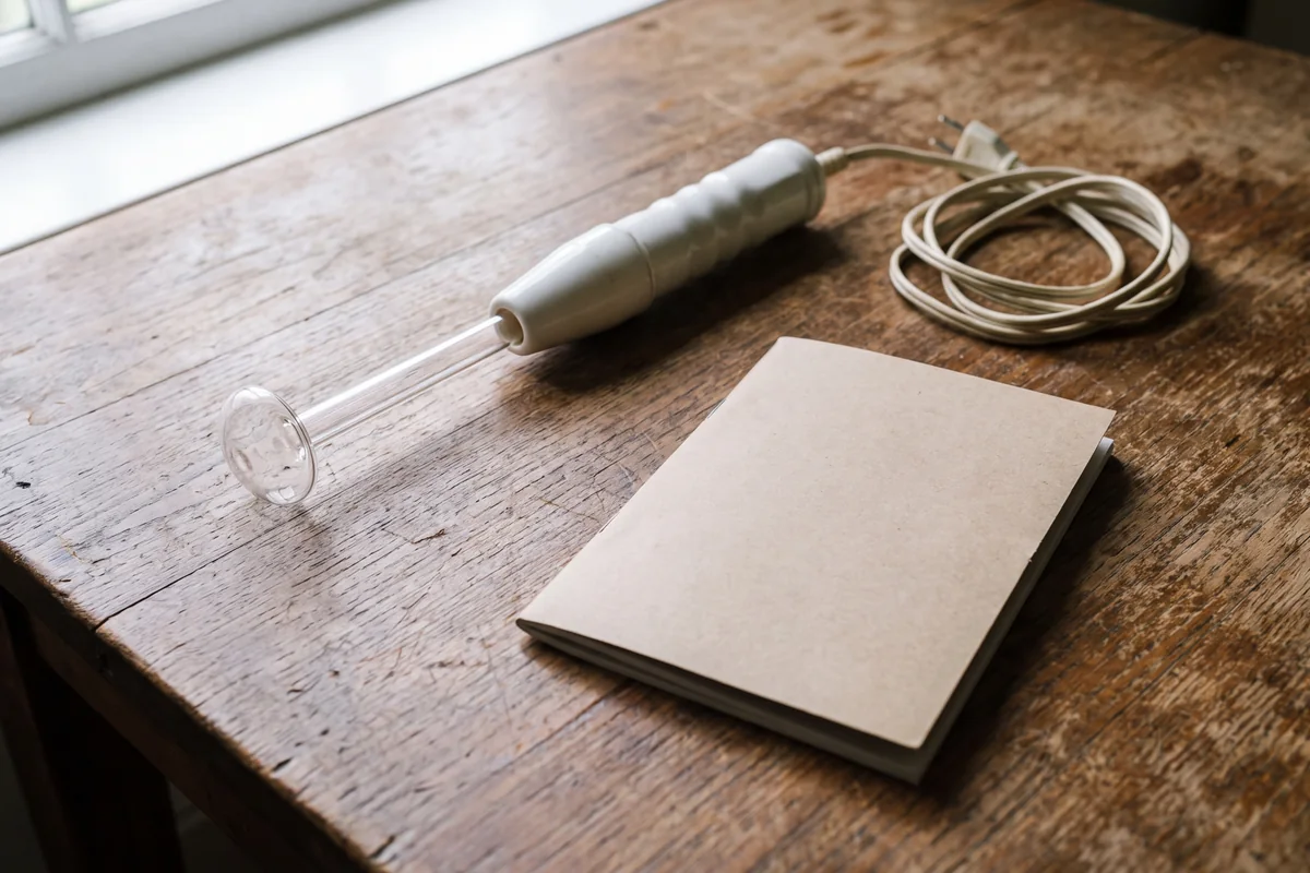 Unplugged high frequency wand with a mushroom electrode lying on a dry table beside a closed instruction booklet
